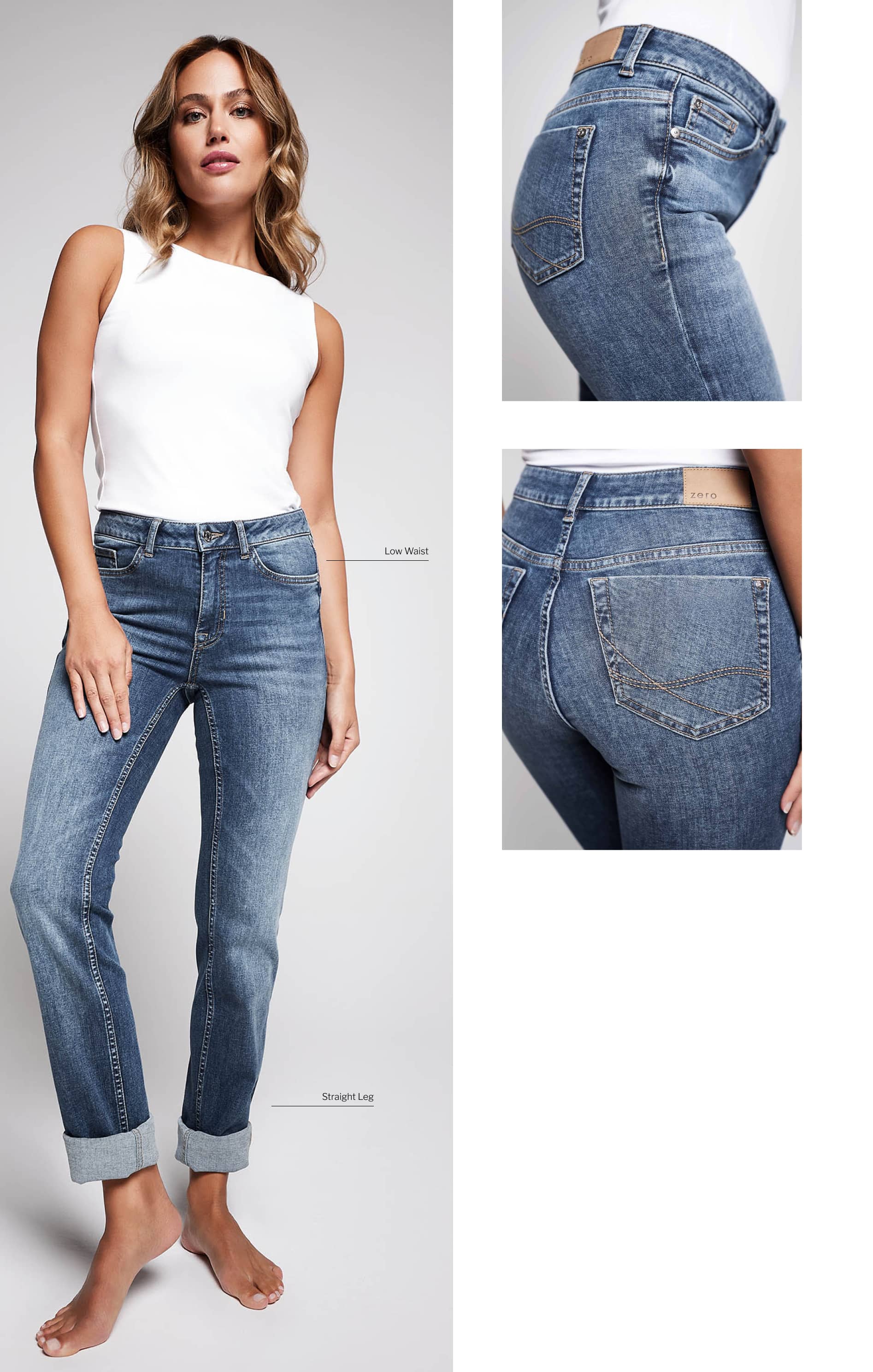 Eine Frau trägt ein weißes ärmelloses Oberteil und eine hochgeschnittene Jeans mit lockerem Bein und steht barfuß. Zwei Nahaufnahmen auf der rechten Seite zeigen die Gesäßtaschen und die Verzierungen der Jeans.